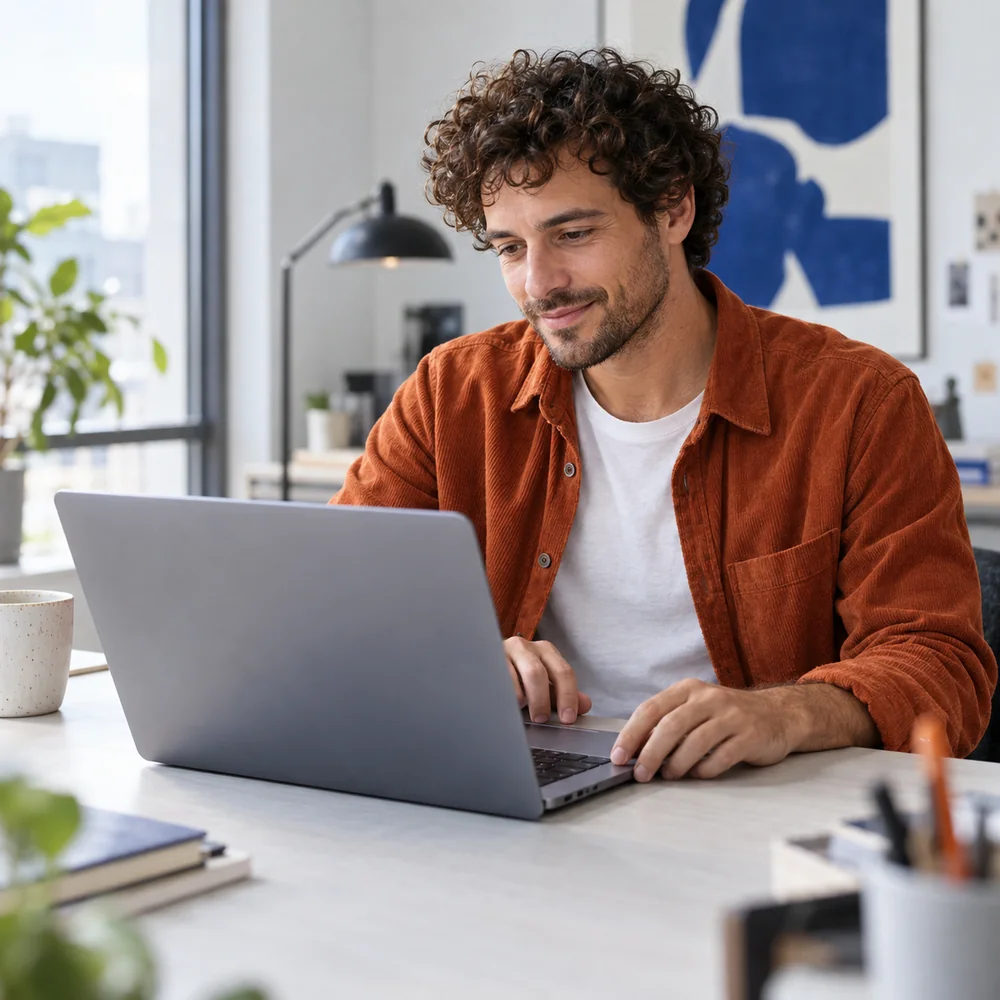 Illustratives Motiv: Ein Selbstständiger arbeitet konzentriert am Laptop in einem hellen Büro.