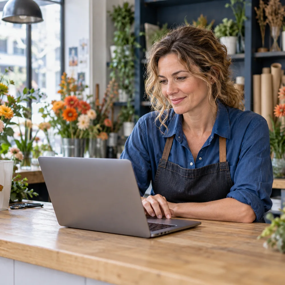 Illustratives Motiv: Eine Floristin arbeitet zwischen Blumen und Pflanzen an ihrem Laptop.